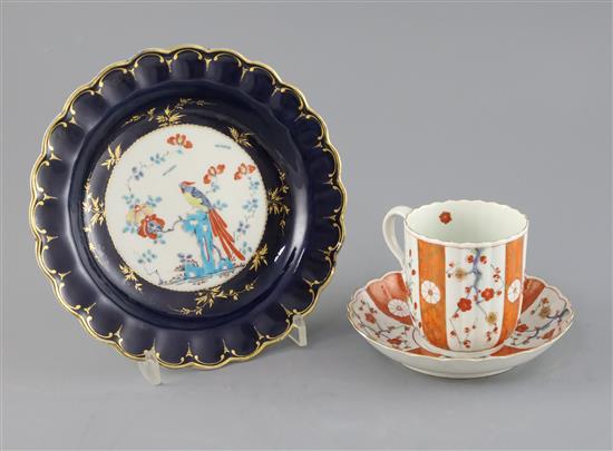 A Worcester scalloped plate and similar ribbed coffee cup and saucer, c.1770-90, D. 19 and 13.5cm